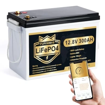 Bild av PUPVWMHB 12 V 300 Ah MINI LiFePO4 litiumbatteri, Bluetooth 200 A BMS, upp till 15 000 cykler, max 3840 Wh energi med låg temp cut off, perfekt för husbil, sol, trolling motor