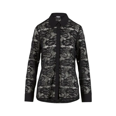 Bild av Urban Classics Damblus damer, spetsblus, spetsblus för kvinnor, långärmad, knapplist, normal passform, storlekar XS 5XL, svart, S