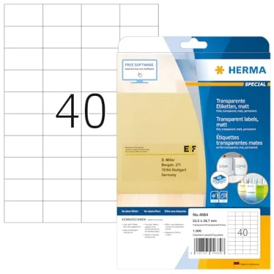 Bild av HERMA 4684 väderbeständiga folieetiketter A4 transparent (52,5 x 29,7 mm, 25 ark, polyesterfolie, matt) självhäftande, utskrivbara, permanenta filmetiketter, 1 000 klistermärken