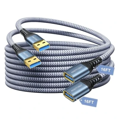 Bild av 2 stycken USB förlängningskabel 5 m, 3.0 typ A kontakt till uttag High Speed dataöverföring Gbps kompatibel med gamepad, skrivare, tangentbord, minne, hårddisk