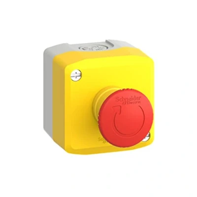 Bild av Schneider Electric Tryckknappslåda, Harmony XALD/K, gul, plast, nödstopp, röd svamptrycke Ø40 mm, vridåterställning, 1 NO+1 NC XALK178E Gul