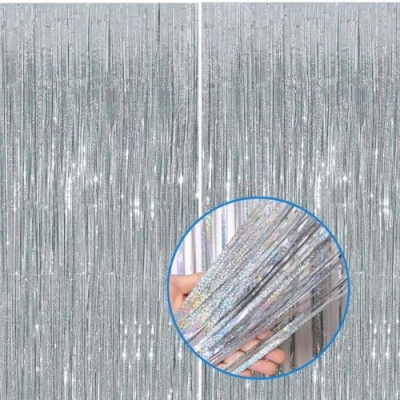 Bild av 2x Silver Skimmer Gardiner Glitter för Födelsedag, Frisör Folie Fest Flisor Bakgrund, Metalliska Gardiner, Fransar