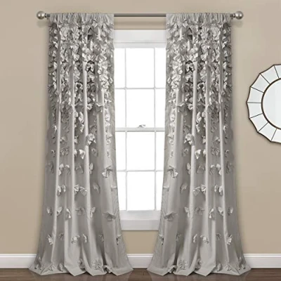 Bild av Lush Decor Riley gardin charmiga handgjorda rosettdetaljer elegant lättfiltrerande enkel för vardagsrum, matsal eller sovrum 137 cm B x 213 L, ljusgrå