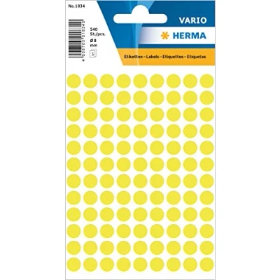 Bild av HERMA 1834 punktklistermärken självhäftande prickar ljusgul, 540 stycken, Ø 8 mm, 108 per ark, självhäftande, markeringspunkter för kalender planerare hantverk, matt, blankt papper färgprickar