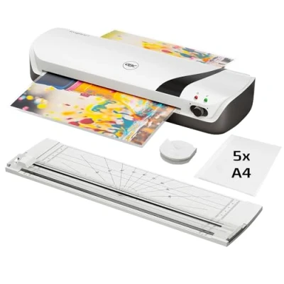Bild av GBC Inspire+ Lamineringsset 4 i 1, Inkluderar Lamineringsmaskin för A4, Skärmaskin Och Hörnrundare, Startpaket med Lamineringsfickor, Vit (4410034)