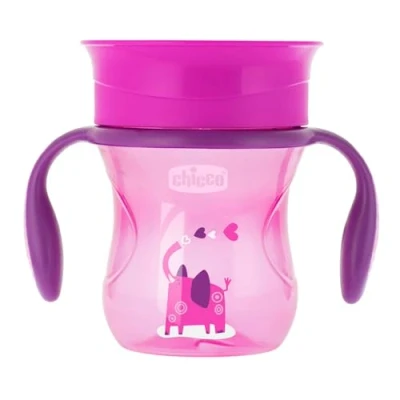 Bild av Chicco Perfect Cup First Glass för barn 200 ml, 1 flaskkopp 12+ månader att lära sig dricka, med 360 silikonmembran och avtagbara handtag, BPA fri rosa eller lila
