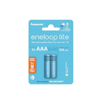 Bild av Panasonic eneloop lite Ready to Use Ni MH batterier, AAA/Micro, 2 pack, min. 550 mAh, 3 000 laddningscykler, uppladdningsbara batterier i plastfri förpackning
