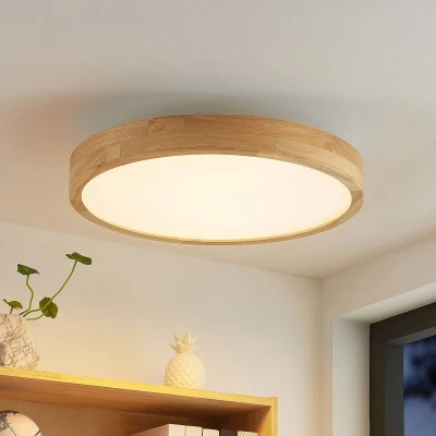 Bild av Lindby LED Taklampa &#039;Lanira &#039; med fjärrkontroll (modern) i Brun av trä för vardagsrum/matsal (1 lamor, glödlampor ingår)