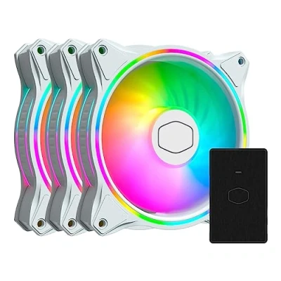 Bild av Cooler Master MasterFan 3 i 1 MF120 Halo White Edition ARGB chassi och kylfläkt, dubbla ringar med belysning, hybridbladdesign, stoppsensorskydd, vibrationsdämpande ram, styrenhet