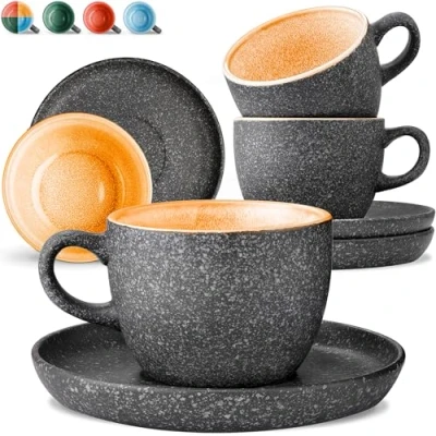Bild av Cosumy Cappuccinokoppar Set om 4 200ml Keramiska Kaffekoppar med Fat Extra Tjockt Stengods Handgjord Reaktiv Glasyr Håller Värmen Längre (Gul)