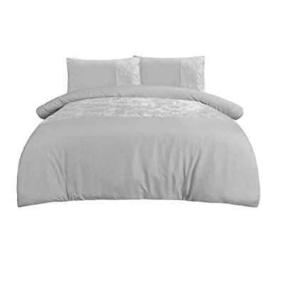 Bild av Sleepdown Sammetsmanschett, silver, panelband, lyxigt, mjukt, mysigt påslakan, sängkläder, set med örngott super kung (260 cm x 230 cm)