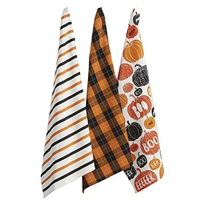 Bild av DII Halloween Hand Towels for The Kitchen Decorative Spooky &amp; Fun Cotton Printed Dishtowel Set, 18x28, Pumpkin Boo, 3 Count