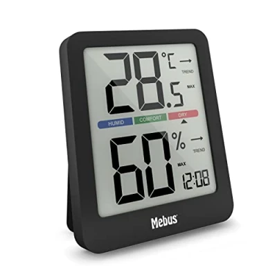 Bild av MEBUS digitale Klimastation mit Innenthermometer und hygrometer, Uhr, Komfortindikator für perfekte Raumtemperatur, Displaybeleuchtung, Min /Max Funktion, Trendanzeige, Farbe: Schwarz, Modell: 11115