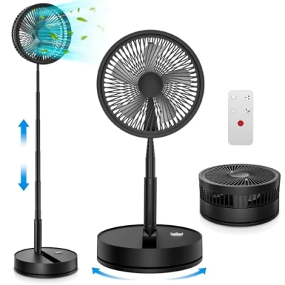 Bild av FGRYB Oscillerande tyst bärbar stående fläkt med fjärrkontroll, 9 tum vikbar golv/soffbordsfläktar 4 lägen/timer, 7 200 mAh USB uppladdningsbar piedestalfläkt för sovrum kontor (svart)