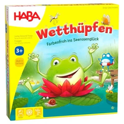 Bild av HABA 305272 Jump Around Frogs A colourful dice and hopping game! Whose water lily will bloom ﬁrst? For 2 4 players, aged 3 7 English Version (Made in Germany)