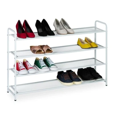 Bild av Relaxdays Skohylla för 16 par skor, H x B D: 65 100 25,5 cm, metallskohylla, smal, 4 hyllor, hall, vit