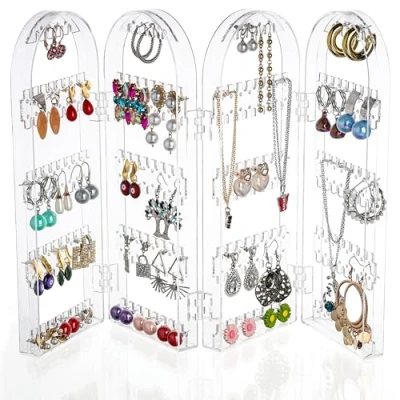 Bild av Kurtzy Vikbar Smyckesorganisatör i Akryl Förvarar 120 Par med Örhängen 5 Lager och 4 Paneler Förvaring för Örhängen, Armband &amp; Halsband Klar Transparent Uppvisning Smyckesförvaring