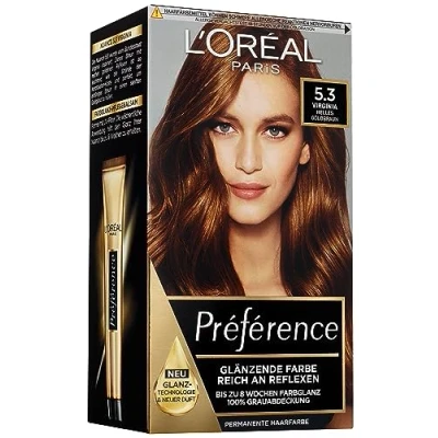 Bild av L&#039;Oréal Paris permanent hårfärg, hårfärgningsset med färg och färgglans vård balsam, préférence, 5,3 ljus guldbrun (Virginia)