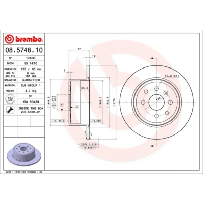 Bild av BREMBO 08.5748.10 Disque de frein 270 10 4 plein avec vis/boulons OPEL: Calibra A, Vectra A Berline, CC