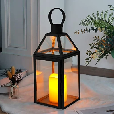Bild av JHY DESIGN Ljuslykta i rostfritt stål, 34 cm hög hängande glaslykta, ljushållare, balkongtillbehör för ljus, inomhus, utomhus, fest, bröllop, trädgård, hall, paviljong, uteplats, vardagsrum (silver)