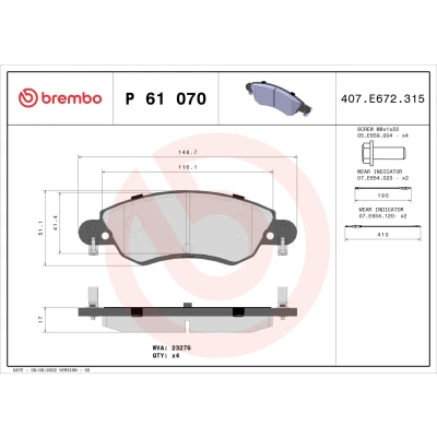 Bild av BREMBO P 61 070 Jeu de plaquettes frein contact signal d&#039;usure inclus avec vis d&#039;étrier sans accessoires CITROËN: C5 II 5 portes
