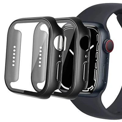 Bild av IBEX 2 Bitar fodral för Apple Watch Series 7 45 mm skärmskydd fodral, hårt PC stötsäkert ultra tunt härdat glas skärmskydd, svart