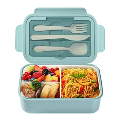 Bild av Diboniur Lunchbox, Bento lunchlåda, barn, vuxen, låda 1400 ml med 3 fack, läckagesäker lunchlåda bestick, lämplig för mikrovågsugn diskmaskin, skola picknick arbete (blå)