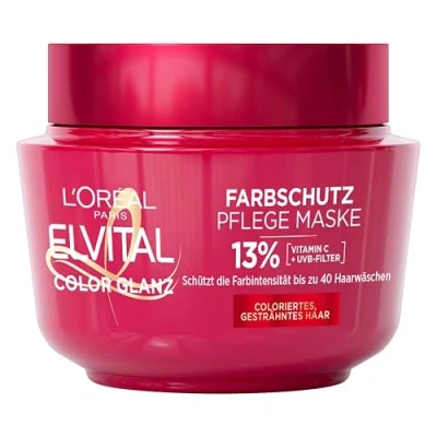 Bild av L&#039;Oréal Paris Elvital hårbehandling för längre färgglans, färgat, tonat eller slingat hår, intensivbehandling med pionextrakt och UV filter, färgglans färgskydd vårdande mask, 1 x 300 ml