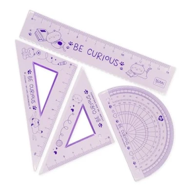 Bild av Legami Geometri set, 15 cm linjal, 60 lag 10 cm, 180 gradskiva för skolan, fodral ingår, flexibelt material, Kitty tema