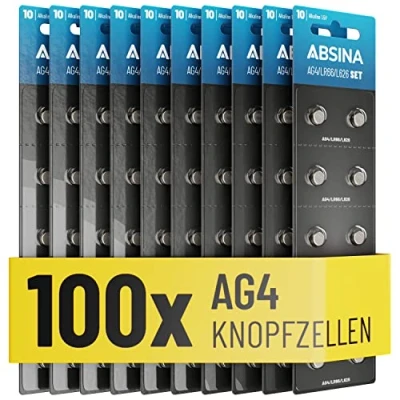 Bild av ABSINA AG4 LR66 knappcell förpackning med 100 1,5 V alkaliska knappceller läckagesäker och lång hållbarhet SG4/V4GA / G4A/4GA L626/LR626 knappbatterier batterier klockbatterier