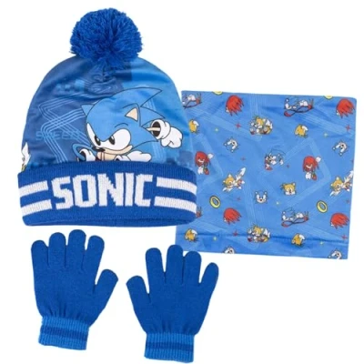 Bild av Sonic The Hedgehog Bobble Mössa Handskar &amp; Snood set för pojkar 3 delar vinter present, Blå/ vit, 10 Years
