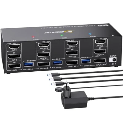 Bild av ESKEVE KVM omkopplare 3 PC bildskärmar 8K@60Hz 4K@144Hz, trippelskärm HDMI 2 Displayport för delar och 4 USB3.0 enheter, med 12 V DC strömförsörjning, kabelansluten