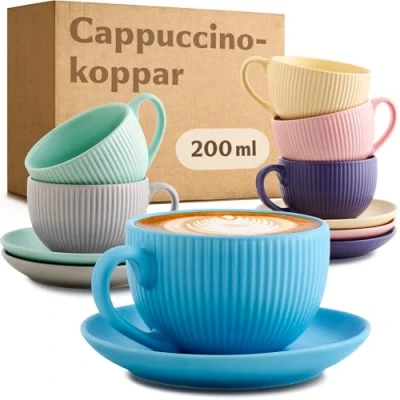 Bild av Cosumy Cappuccinokoppar med handtag 200ml Set om 6 fat Unikt randigt mönster Matt keramik Tål maskindisk Färgstark