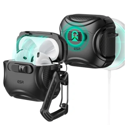 Bild av ESR för AirPods 4 fodral (HaloLock), kompatibelt med Gen (2024) (USB C), kompatibel MagSafe, fallsäker förslutning, enkel öppning, Cyber serien, svart