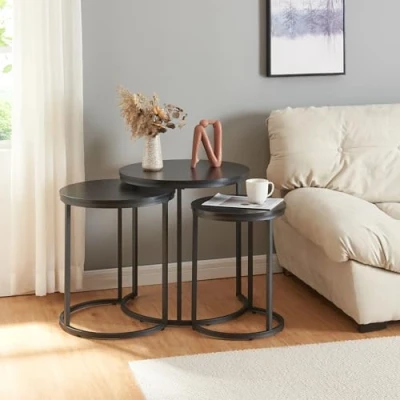 Bild av [en.casa] Sidobord, set om 3 stycken Ulricehamn, satsbord, metallram i varandra, vardagsrumsbord en uppsättning, runt soffbord, svart