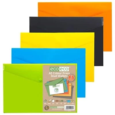 Bild av Eco A5 återvunna blandade färger tryckknappsplånbok, plastmappar (paket med 5) gul, grön, blå, orange, svart miljövänligt, hållbart kontorsmaterial för dokumentförvaring och organisation