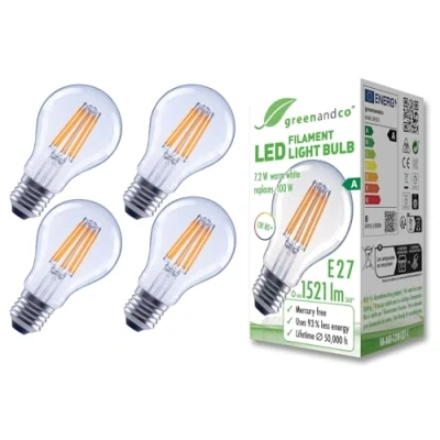 Bild av greenandco 4 x transparent LED glödlampa, E27 A60 7,2W 1521lm ersätter 100W 3 000K varmvit 320 230 V flimmerfri energiklass A icke dimbar