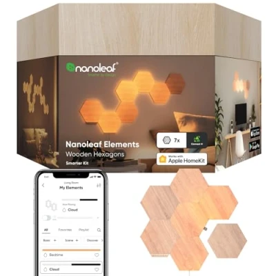 Bild av Nanoleaf Elements Hexagon Starter Kit, 7 Wood Look LED Smart Light Panels Dimmable &amp; Modular Wi Fi Wall Mood Lights, Works with Alexa Google Assistant Apple Homekit, for House Room Decor or Desk