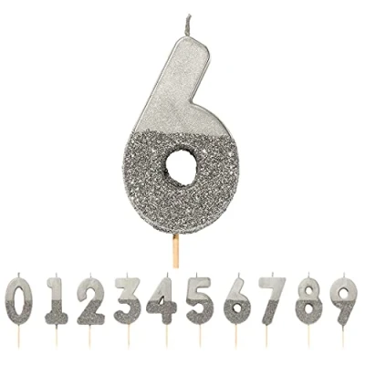 Bild av Talking Tables Silver nummer 6 ljus med glitter premium kvalitet tårtdekoration dekoration vacker, glittrande för barn, vuxna, 16:e födelsedagskalas, årsdag, milstolpe ålder