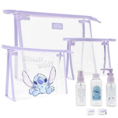 Bild av Disney Stitch toalettväska set för kvinnor flickor kosmetika sminkväska med dragkedja alternativ påfyllningsbara reseflaskor toalettartiklar semester nödvändigheter, Lila stygn 8 st, One Size