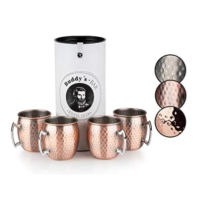 Bild av Buddy&#039;s bar Moscow Mule mugg 500 ml högkvalitativ rostfri mugg, livsmedelssäker, hammareffekt, cocktailkopp inkl. presentförpackning, hamrat, kopparpolerad, uppsättning av 4