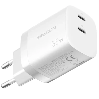 Bild av deleyCON Laddare USB C (2 Portar 35 W Snabbladdning) Strömadapter för iPhone 16/15/14/13/12/11 iPad Galaxy S24/S23 Pixel PD 3.0 Mobiltelefoner Vit