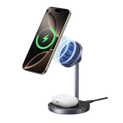 Bild av UGREEN MagFlow Qi2 15W iPhone laddningsstation, 2 i 1 trådlös laddare MagSafe kompatibel, 90 justerbar laddare, för 16/15/14/13/12, AirPods 4/3, med 1M kabel
