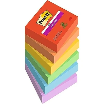 Bild av Post it Super Sticky Notes lekfull färgsamling, paket med 6 dynor, 90 ark per dyna, 76 mm x mm, röd, orange, gul, grön, blå extra klisterlappar för anteckningar, att göra listor och påminnelser