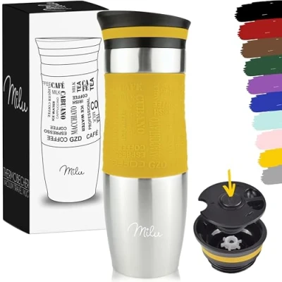 Bild av Milu termosmugg 370 ml, 450 isolerande mugg, kaffemugg to go 100 % läckagesäker dryckesmugg i rostfritt stål bilmugg, dubbelväggsisolering, resemugg (mango, ml)