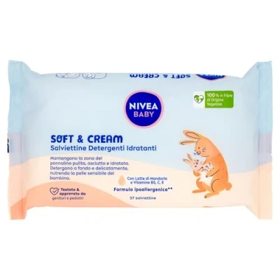 Bild av NIVEA Baby, fuktgivande rengöringsdukar Soft &amp; Cream 57 stycken, för ren, torr och återfuktad hud, babydukar med mandelmjölk vitaminer B5, C E