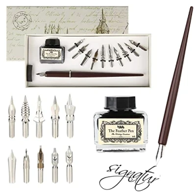 Bild av hhhouu Kalligrafi pennset för nybörjare: Elegant skrivpenna och dipppenna med bläck 11 spetsar, perfekt klassisk kalligrafi, vackert presentset alla tillfällen HO Q 301
