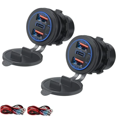Bild av Intckwan 12v Usb Uttag, 66w, Pd och Qc3.0 Motorcykel Uttag VattentäTt, Inbyggt med StröMbrytare Blå Indikatorlampa, för DC 12 24v Bil BåT Lastbil Husvagn (2 Stycken)
