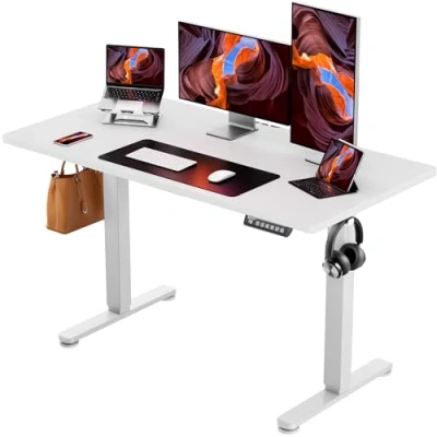 Bild av ErGear stående skrivbord, 120 x 60 cm höjdjusterbart elektriskt sittstativ skrivbord med skarvbräda, ståskrivbord ryggsäckskrok och 4 smarta minnen, hemmakontorsskrivbord (vit)