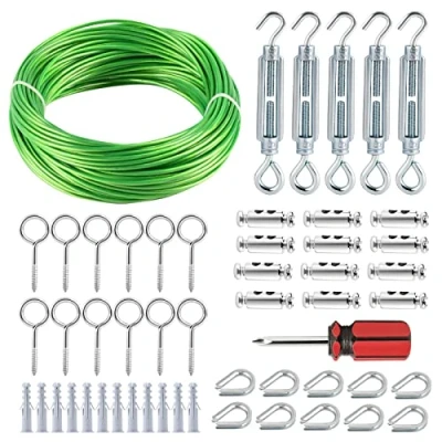 Bild av hannger Trädgårdstråd för klätterväxter, 30 M 3 mm fleranvändning stål PVC belagt vajerrep kit med M5 spännspännare trådstaket ljusslinga, hängande växtskugga klädstreck